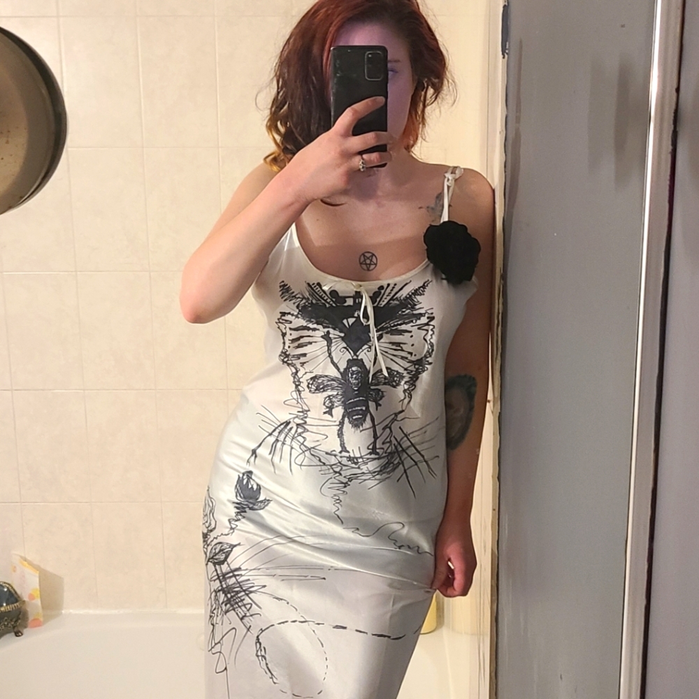 One of a kind hand drawn silky white gown